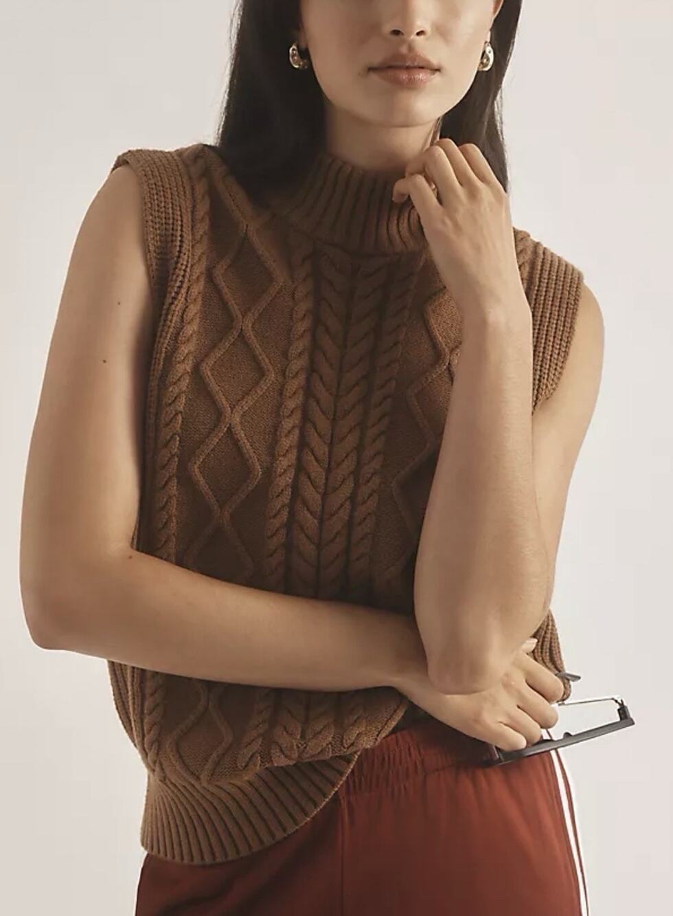 AnthropologIe Varley Roll Neck Sweater Vest Y2K Cable Knit Brown OS A011034